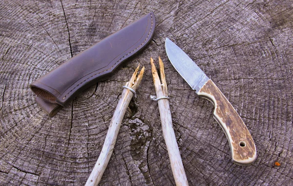 Camping damascus blade knife, sheath and sticks on old wooden log, in nature