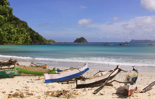 Petits Bateaux Pêche Plage Mawun Lombok Kuta Lombok Est Paradis — Photo