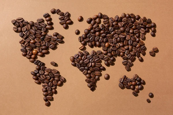 Carte Monde Faite Avec Des Grains Café Sur Fond Brun — Photo