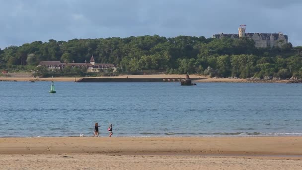 Mensen Wandelen Langs Somo Strand Met Het Magdalena Paleis Achtergrond — Stockvideo