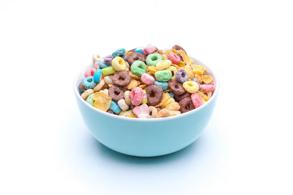 Bowl Mixed Cereals Chocolate Corn Flex Honey Rings Marshmallows White — Stock Photo, Image