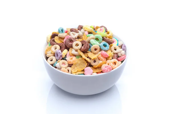 Bowl Mixed Cereals Chocolate Corn Flex Honey Rings Marshmallows White — Stock Photo, Image