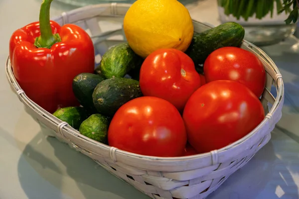 Vegetables Basket Next Bunches Herbs Kitchen Table Studio Shot — Stock Photo, Image