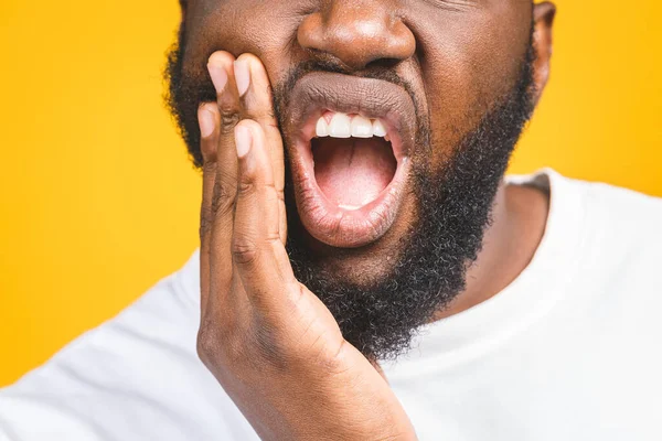 Feeling Toothache Frustrated Young African Man Touching His Cheek Keeping — Stock Photo, Image