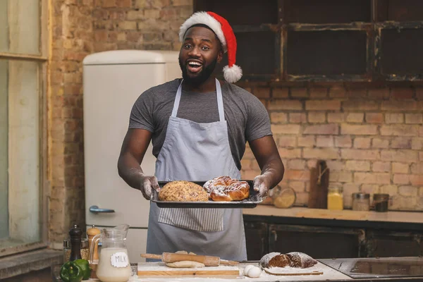 Christmas Baking Process Chef Wears Apron Prepares Dough Making Loaf — Stock Photo, Image