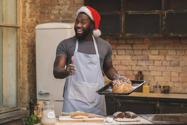 Christmas Baking Process Chef Wears Apron Prepares Dough Making Loaf — Stock Photo, Image