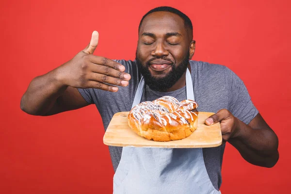 Loco Joven Afroamericano Cocinero Masculino Panadero Hombre Delantal Rayado Gris —  Fotos de Stock