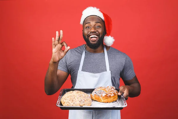 Panadería Navidad Loco Joven Afroamericano Cocinero Masculino Panadero Hombre Delantal — Foto de Stock