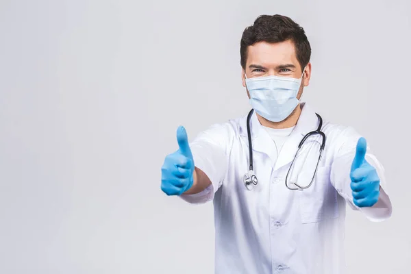 Doctor Con Guantes Máscara Médica Medical Concept Corona Virus Pulgares — Foto de Stock