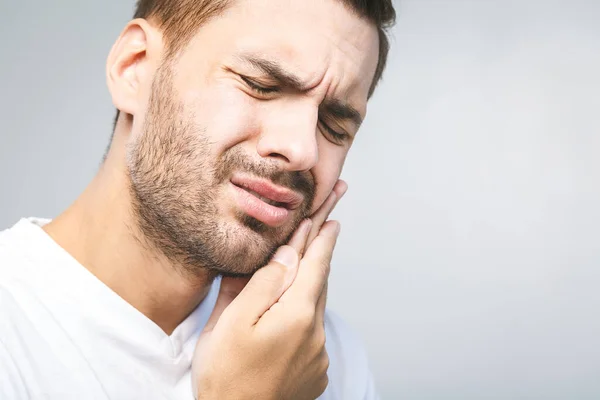 Toothache Handsome Young Man Suffering Toothache Closeup Touching His Cheek — Stock Photo, Image