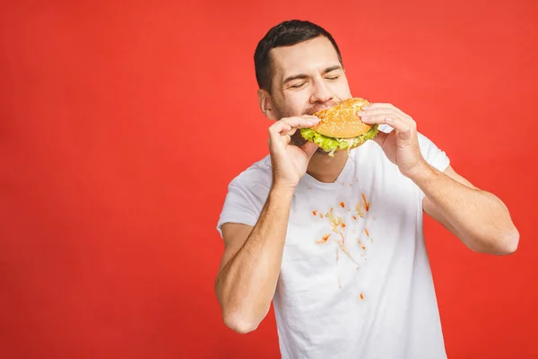 Grappig Hongerige Bebaarde Man Die Junkfood Eet Opgewonden Jongeman Gulzig — Stockfoto