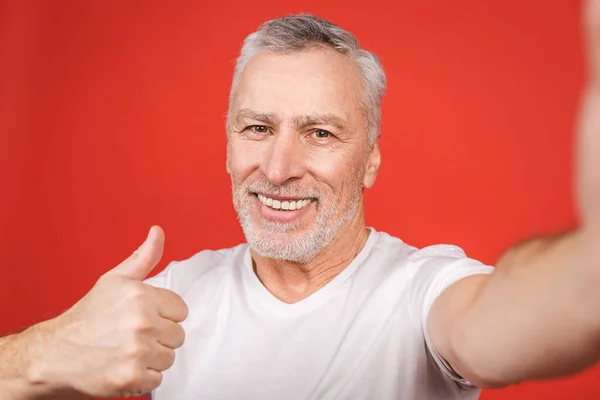 Portrait Happy Senior Bearded Man Showing Thumbs Taking Selfie Smartphone — Stock Photo, Image