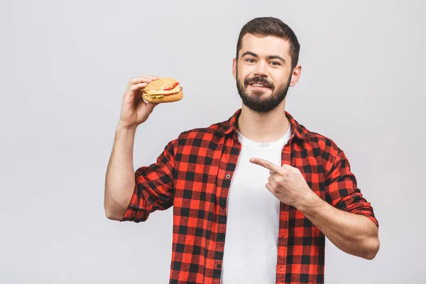 Hamburger Tutan Genç Bir Adam Öğrenci Fast Food Yiyor Burger — Stok fotoğraf