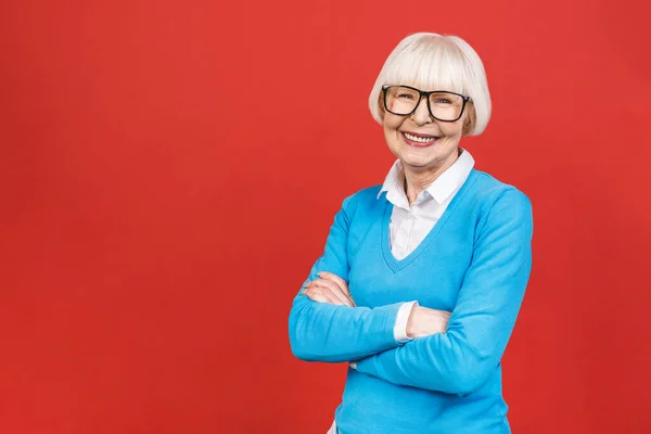 Senior Feliz Anciana Mujer Negocios Con Gafas Hermosa Anciana Mirando — Foto de Stock