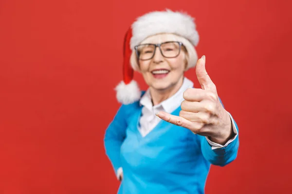 Senior Aged Grey Haired Woman Wearing Christmas Santa Hat Isolated — Stock Photo, Image