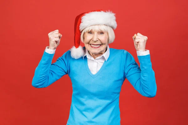 Senior Aged Grey Haired Woman Wearing Christmas Santa Hat Isolated — Stock Photo, Image