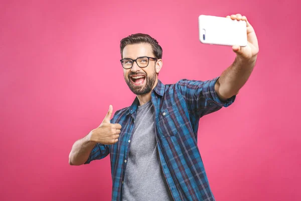 Hou Van Selfie Knappe Jongeman Overhemd Die Camera Vasthoudt Selfie — Stockfoto