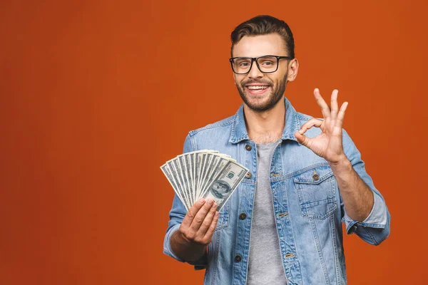 Image Shocked Excited Young Handsome Bearded Man Posing Isolated Orange — Stock Photo, Image