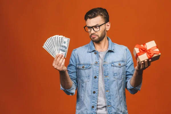 Image Shocked Excited Young Handsome Bearded Man Posing Isolated Orange — Stock Photo, Image