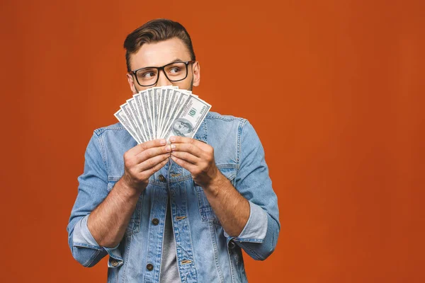 Image Shocked Excited Young Handsome Bearded Man Posing Isolated Orange — Stock Photo, Image