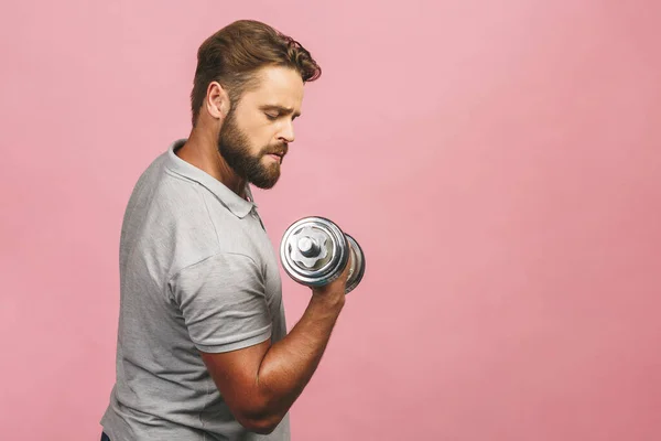 Happy Sporter Doet Oefeningen Met Halter Geïsoleerd Roze Achtergrond — Stockfoto