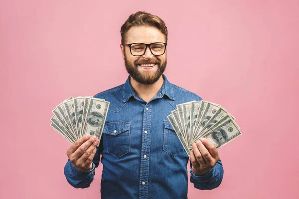 Happy Winner Jackpot Pleased Bearded Business Man Casual Holding Money — Stock Photo, Image