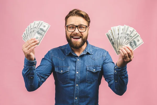 Feliz Ganador Con Jackpot Agradable Hombre Negocios Barbudo Dinero Retención — Foto de Stock