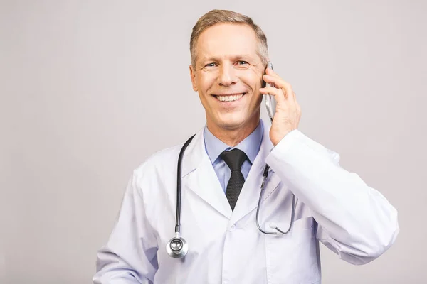 Closeup Photo Senior Man Doctor Standing Isolated Grey Background Using — Stock Photo, Image