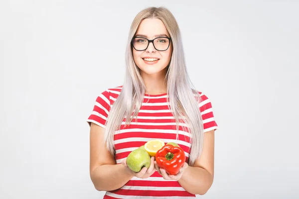 Smiling Beautiful Blonde Woman Holding Vegan Food Ingredients Isolated Portrait — Stock Photo, Image