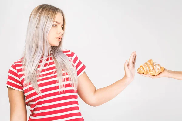 Woman on dieting for good health concept. Woman doing sign no to refuse junk food or fast food that have many fat.