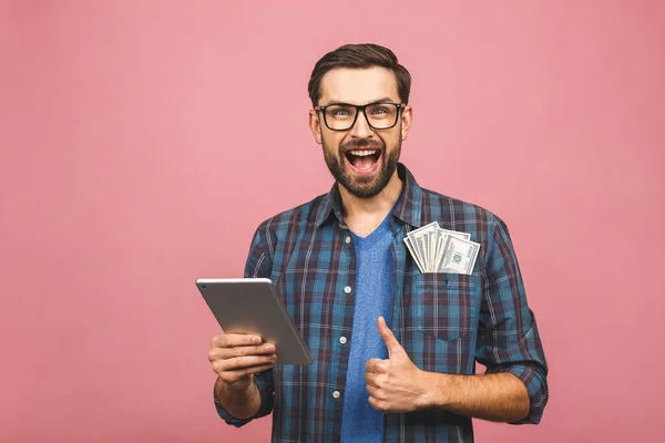 Portrait Happy Handsome Bearded Young Hipster Man Checkered Shirt Standing — Stock Photo, Image