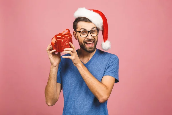 Imagen Joven Feliz Con Sombrero Navidad Santa Claus Pie Aislado — Foto de Stock