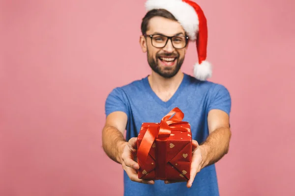 Image Happy Young Man Wearing Christmas Santa Hat Standing Isolated — Stock Photo, Image