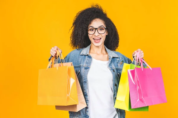 Shopping Concept Portrait Young Beautiful African American Woman Smiling Joyful — Stock Photo, Image