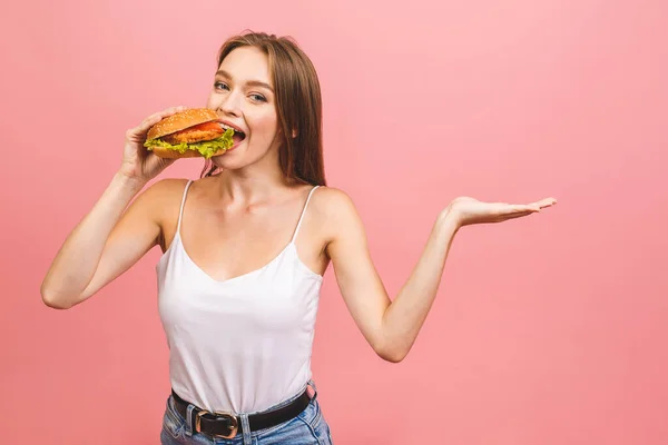 Porträtt Ung Vacker Hungrig Kvinna Som Äter Hamburgare Isolerat Porträtt — Stockfoto