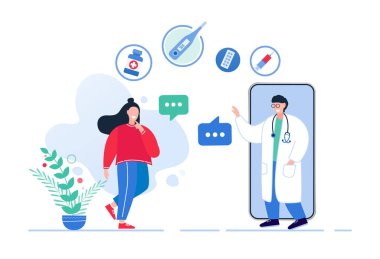 Akıllı telefondaki başvuru üzerinden doktora yapılan video görüşmesi. Çevrimiçi tıbbi tavsiye kavramı. Sağlık hizmetleri.