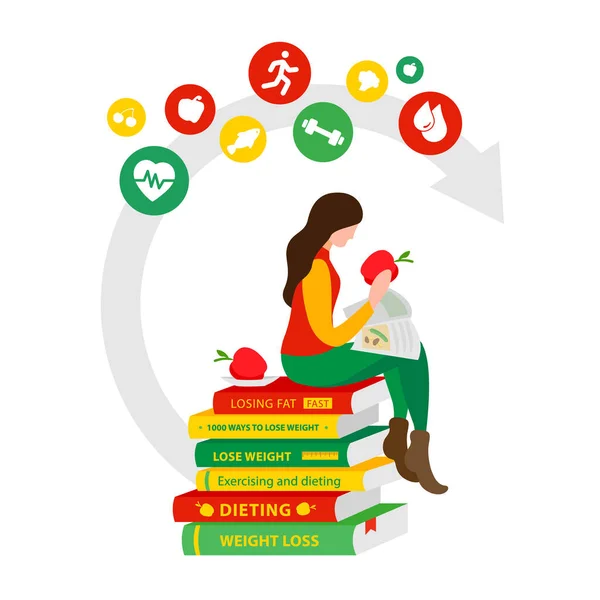A nő fogyókúrás könyveket olvas és almát eszik. A lány diétázik.. — Stock Vector