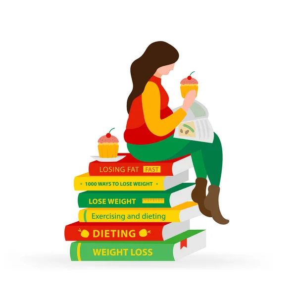 Kobieta z otyłością czyta książki o odchudzaniu i je babeczki. Dziewczyna siedzi na diecie. — Wektor stockowy