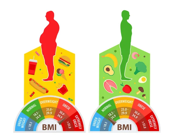 Perdita di peso concetto. Indice di massa corporea. Prima e dopo la dieta e fitness. Corpo con peso diverso. Stile di vita sano. — Vettoriale Stock