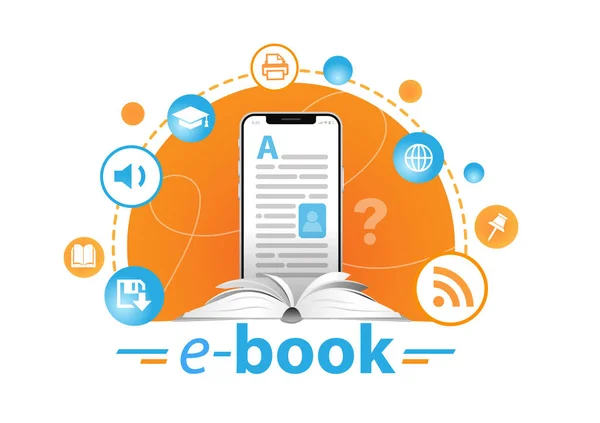 Online education concept. E-book reader and books. — Stock Vector