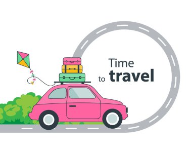 Çatıda bir bavul çantasıyla arabayla seyahat etmek. Düz biçim vektör illüstrasyonu beyaz arkaplanda izole edildi. Kopyalama alanı olan yol. 