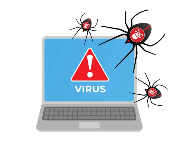 Computer virus attacking laptop. Internet security, data protection, network data. — Stock Vector