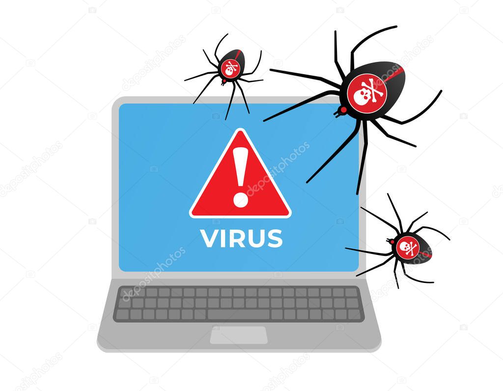 Computer virus attacking laptop. Internet security, data protection, network data. 