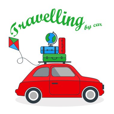 Çatıda bavulları olan sarı bir arabayla seyahat ediyor. Düz biçim vektör illüstrasyonu beyaz arkaplanda izole edildi. Kopyalama alanı olan yol. 