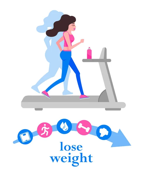 Vrouw lichaam transformatie concept. Rennend meisje verliest gewicht. Geweldige resultaten in de sport. Vector illustratie voor gym posters. — Stockvector