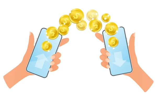 Концепція онлайн-переказу грошей. Люди надсилають та отримують гроші за допомогою мобільних телефонів. Інтернет банкінг . — стоковий вектор