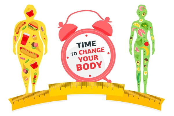 Elhízás. Kövér és sovány nő. Diéta és fitnesz előtt és után. Egészséges életmód, egészséges táplálkozás és napi rutin. Étrend. — Stock Vector