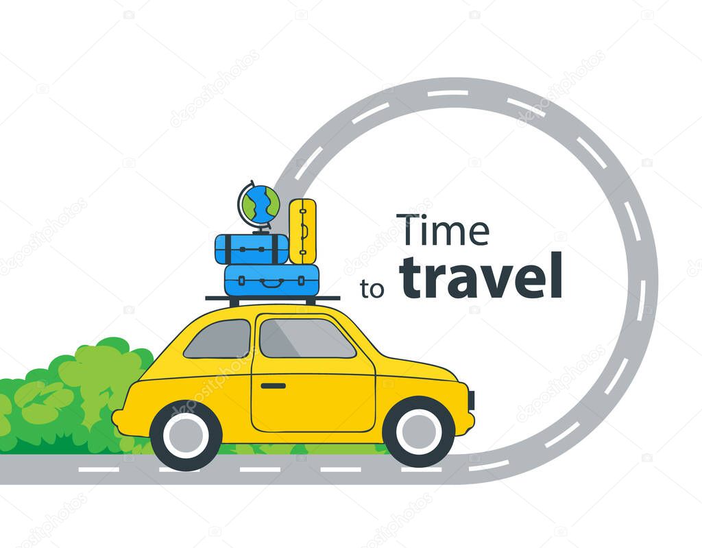 Traveling by yellow car with a luggage bags on the roof. Flat style vector illustration isolated on white background. Road with copy space. 