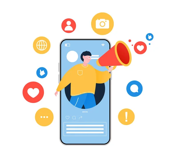 Influencer sui social media. Illustrazione con l'uomo in possesso di megafono. Diverse icone dei social media. — Vettoriale Stock
