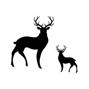 Geyik ailesi. Siyah beyaz siluet. Ayrı nesneler.